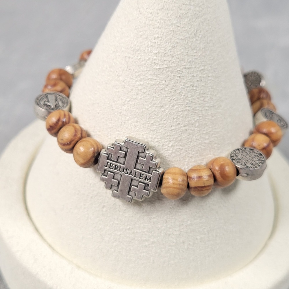 Jerusalem Cross Bracelet Olive Wood Saint Benedict Medal Stretch Silver Tone
